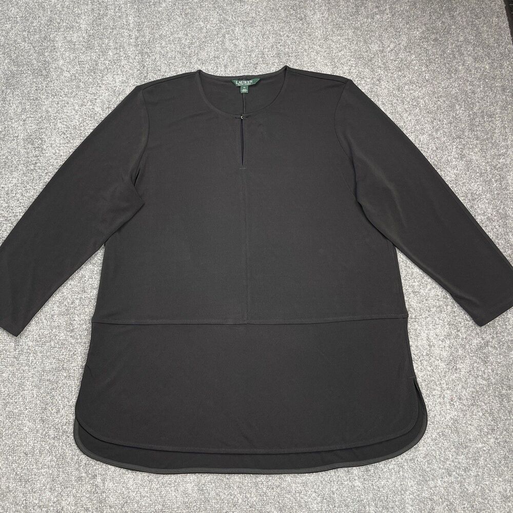 Lauren Ralph Lauren Tunic Top Size XL Black 3/4 Sleeve Keyhole Neck Stretch Knit